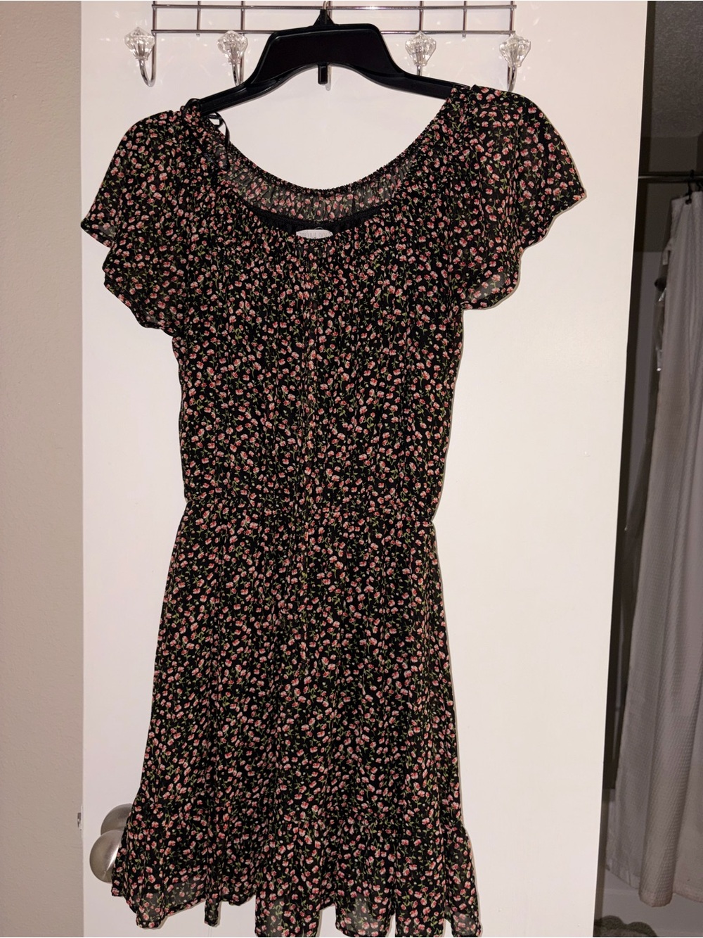 Black Floral Short Sleeve Dress with Pink Flowers